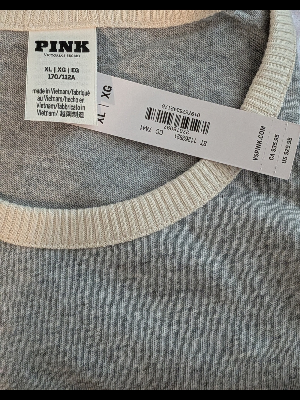 PINK Victoria's Secret Gray Tee Shirt with Cream Trim - Picture 3 of 5